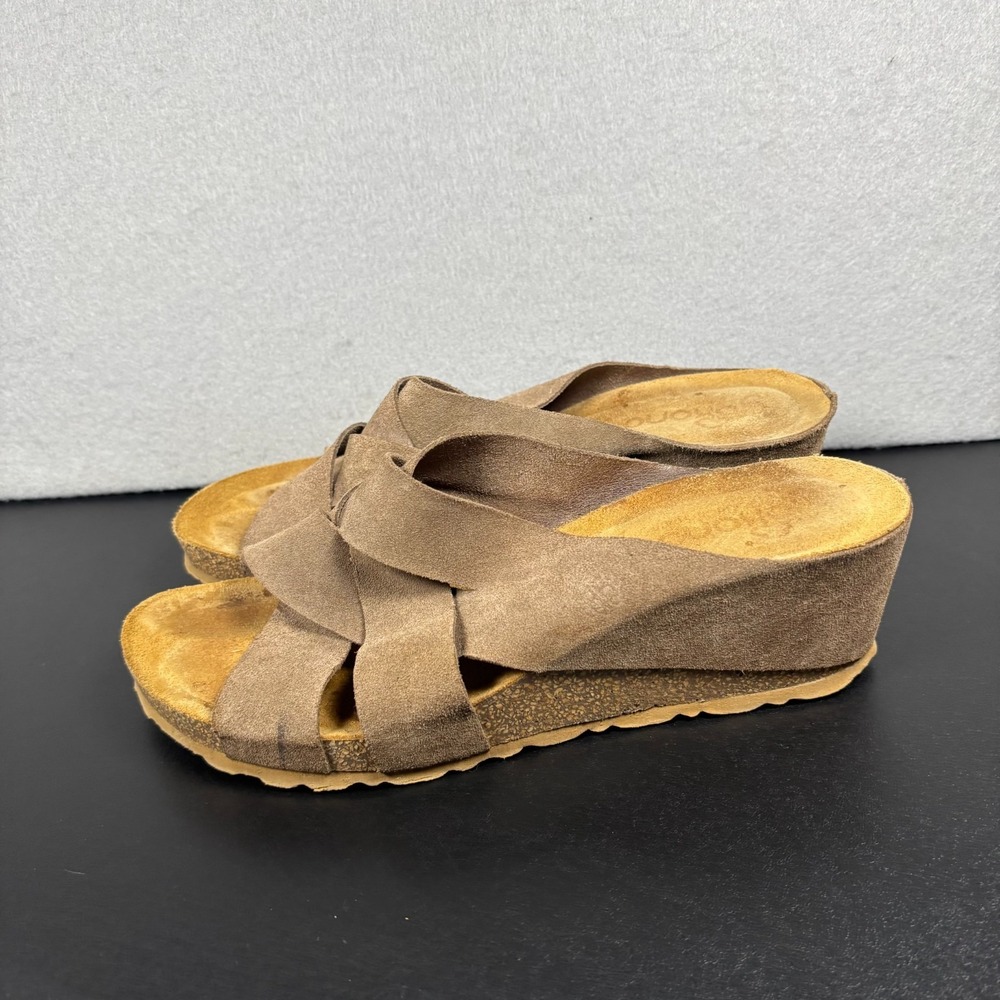 Yokono Brown Suede Criss Cross Wedge Sandals Womens Size 9 M Justia Cork Shoes